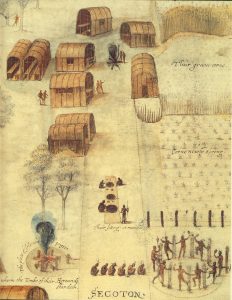 Watercolor drawing "Indian Village of Secoton" by John White (created 1585-1586) <a href="http://www.britishmuseum.org/research/collection_online/search.aspx?people=103070&peoA=103070-2-23">© Trustees of the British Museum</a>