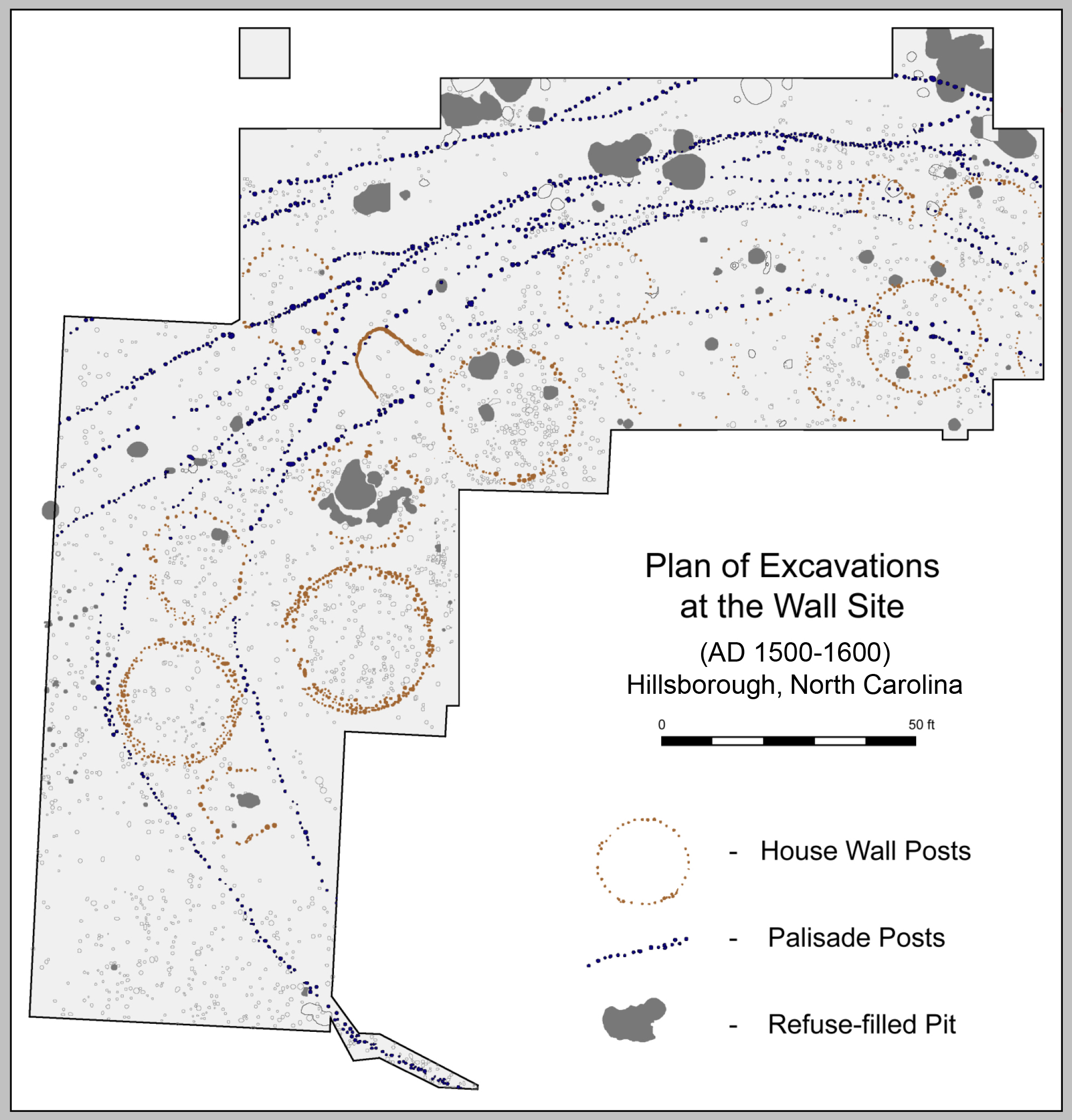 Plan of excavations at the Wall site, 1938-2002.